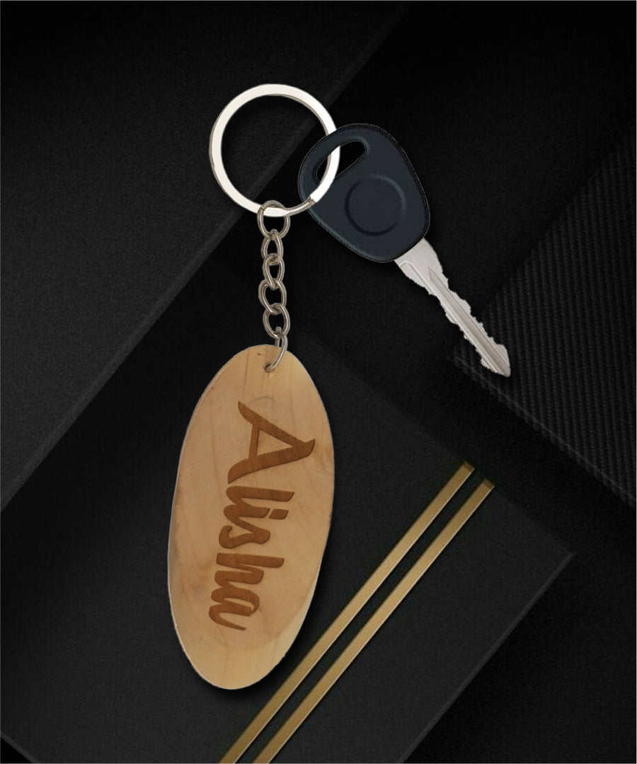 Wooden engraved oval keychain